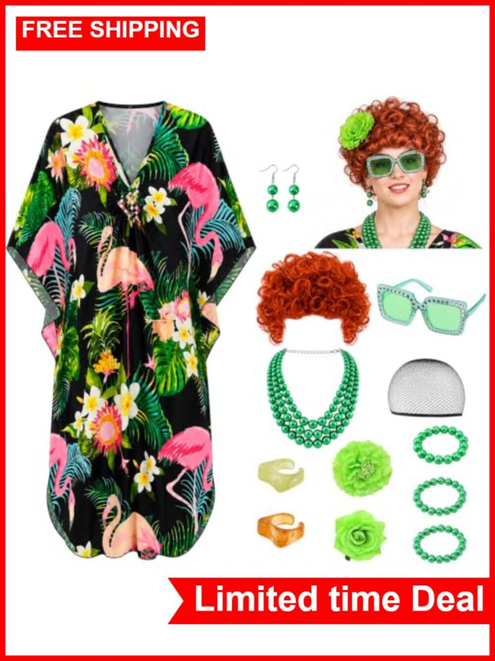 Halloween Landlady Costume Caftan Dress Curly Wig Jewelry Sunglass Set